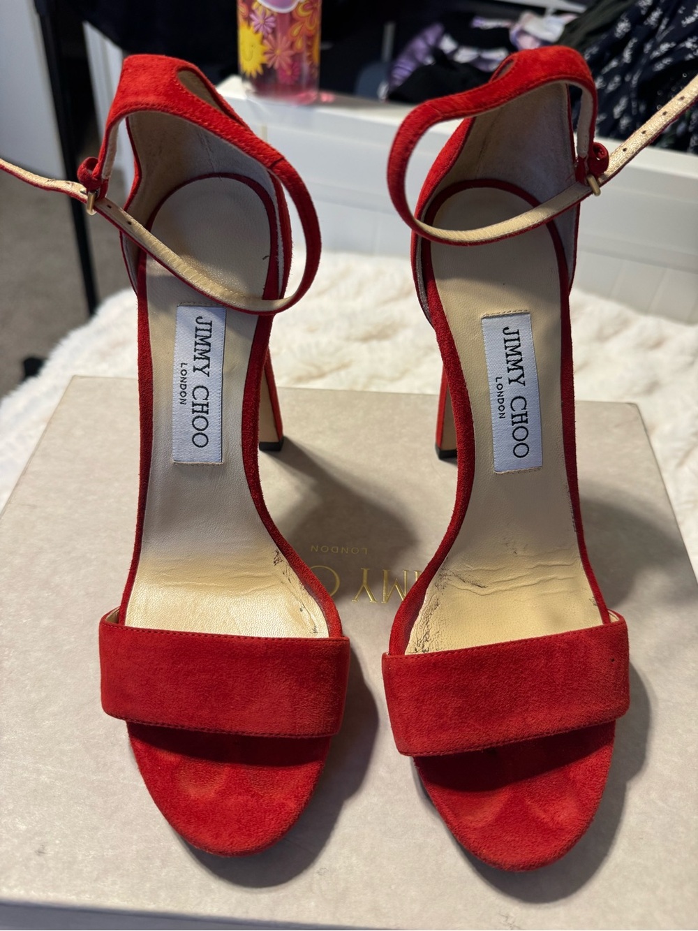 Jimmy Choo Red Suede Ankle-Strap High Heels